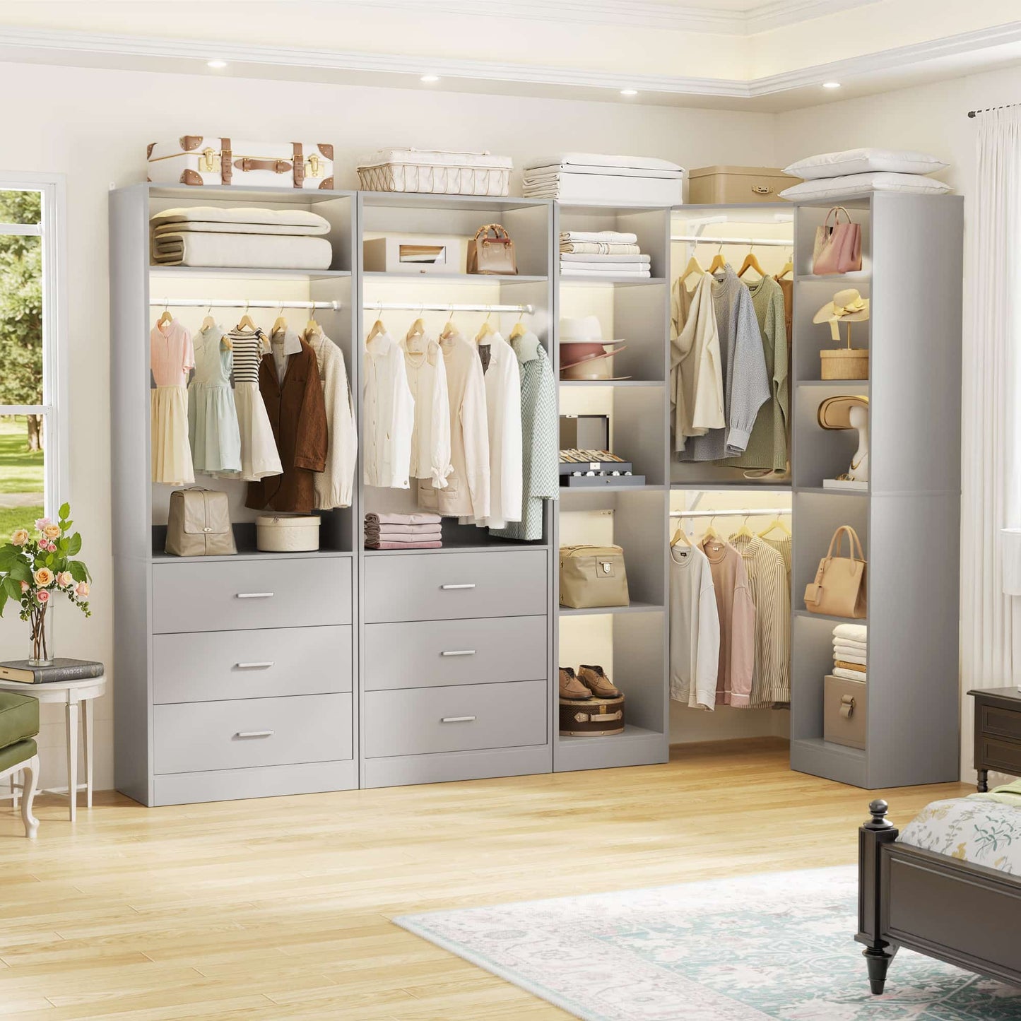 87.2" Freestanding Closet Organizer System - Modular L-Shaped Design,Reversible, 6 Drawers & 4 Hanging Rods, 2000+ LBS Capacity,3 Sets