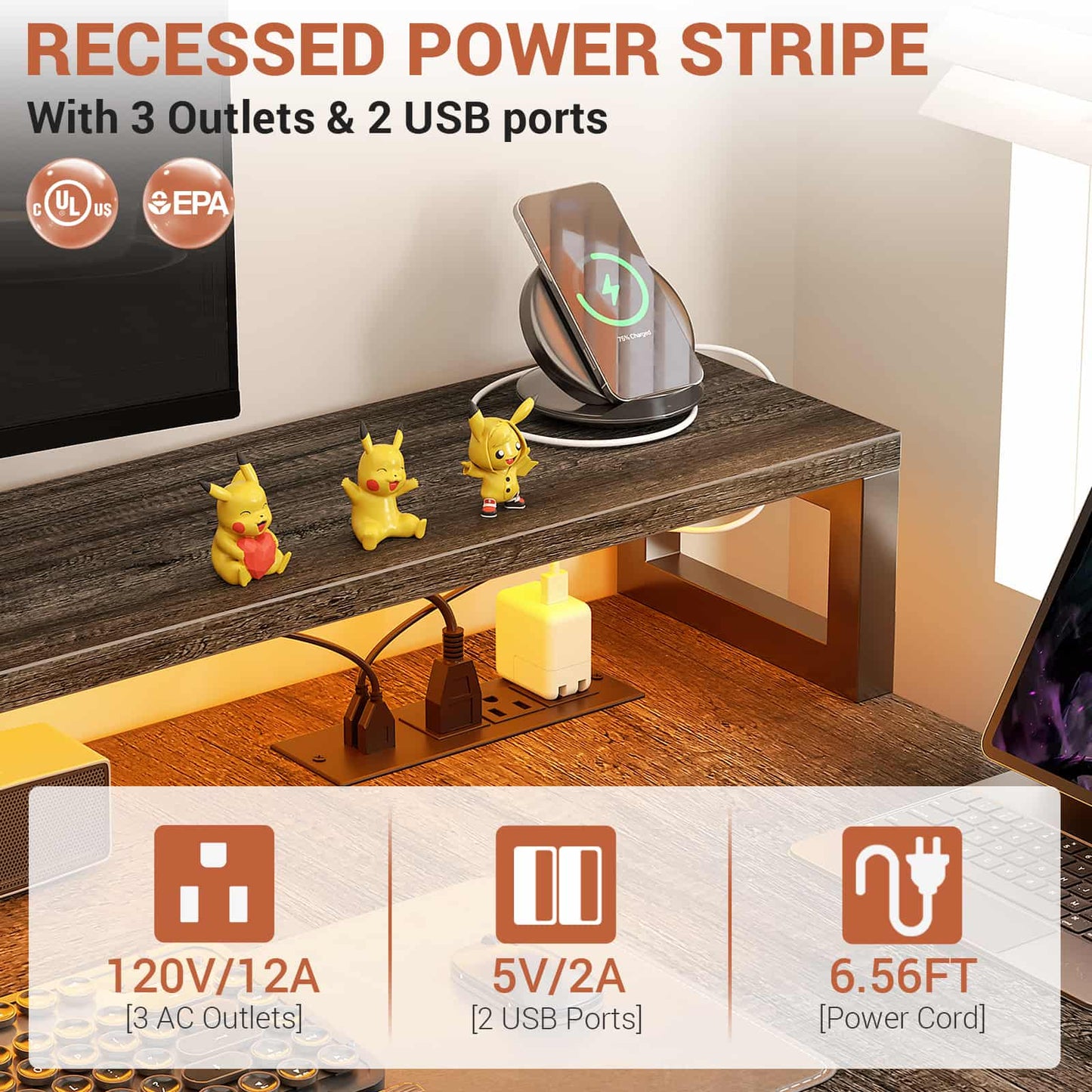 L Shaped Desk with File Drawer, 72.8" Reversible L Shaped Computer Desk with Power Outlet & LED Strip