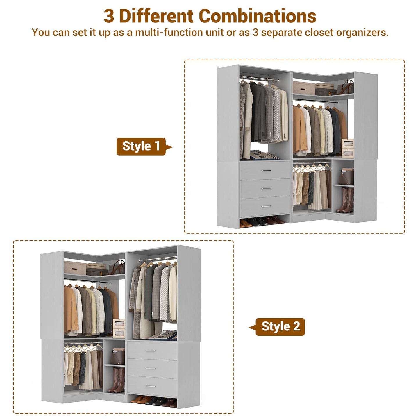 Closet System with 3 Drawers, 2 Hanging Rods & Corner Tower