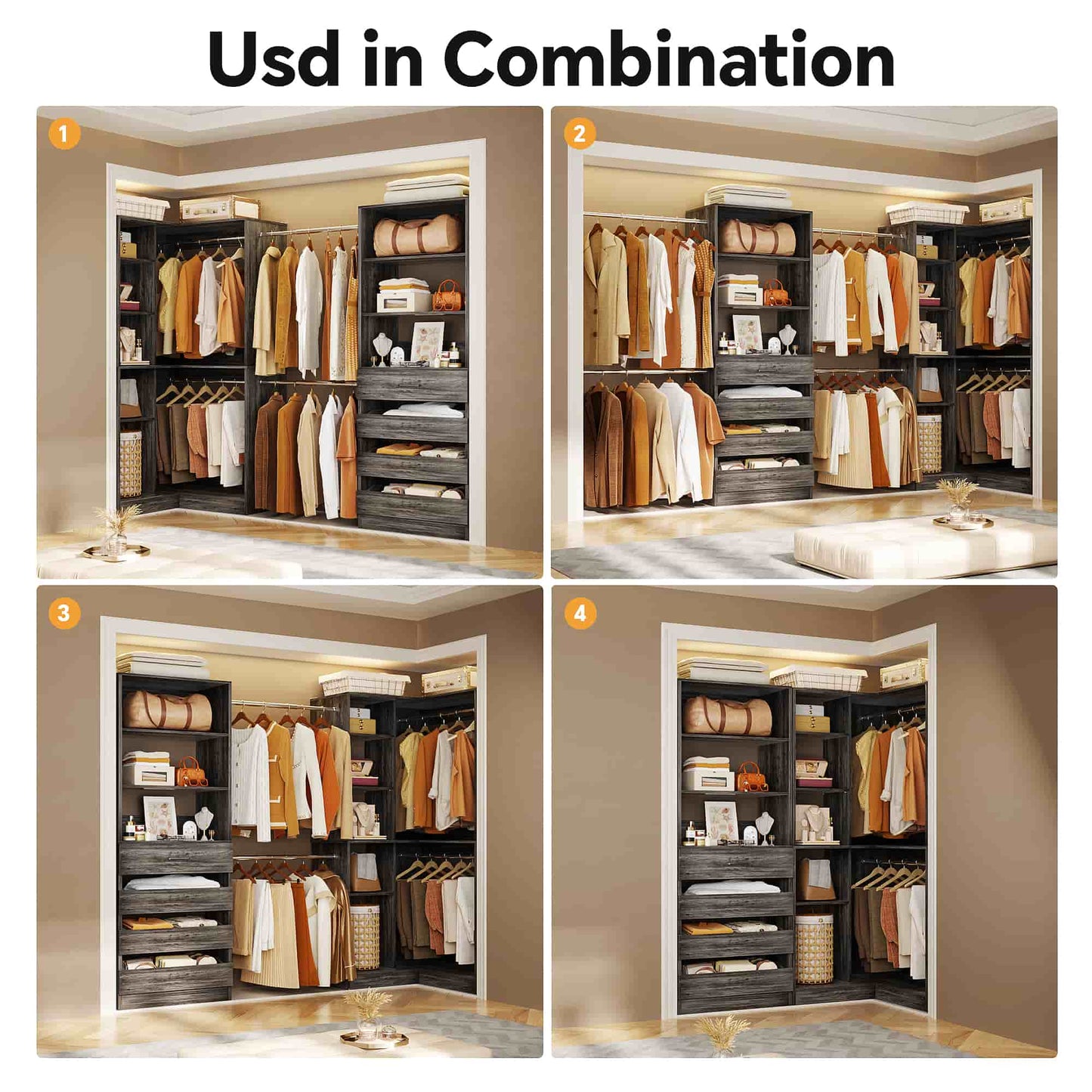 58"-152" Freestanding Closet System, Wardrobe Organizer with Drawers & Shelves, Corner Storage Unit for Bedroom/Living Room