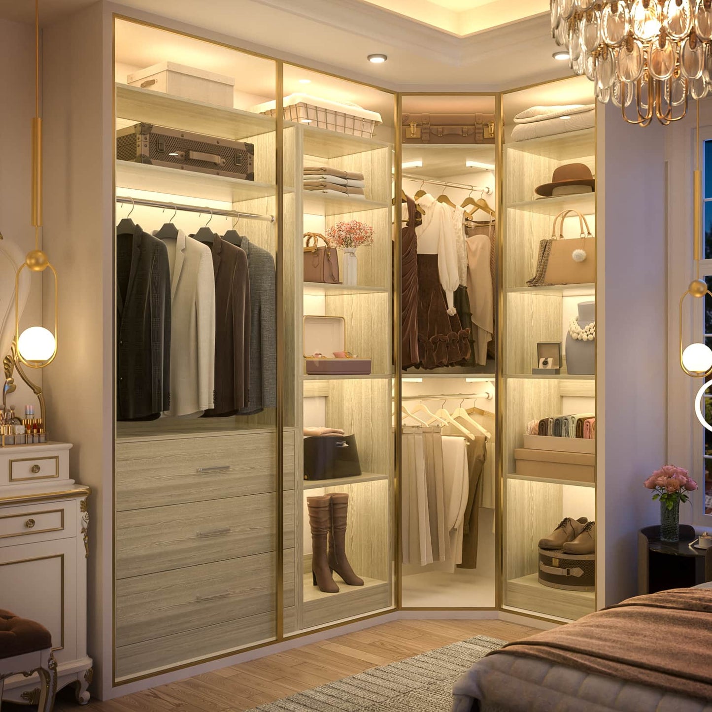 63.2" L X 39.2" W X 80" H Corner Closet System,Freestanding Closet Organizer System With 2 Drawers & 12 Shelves