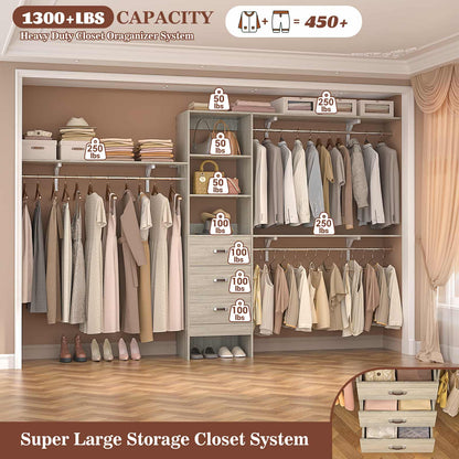 120'' W Closet System with Drawers, Closet Organizer with 3 Shelving Towers