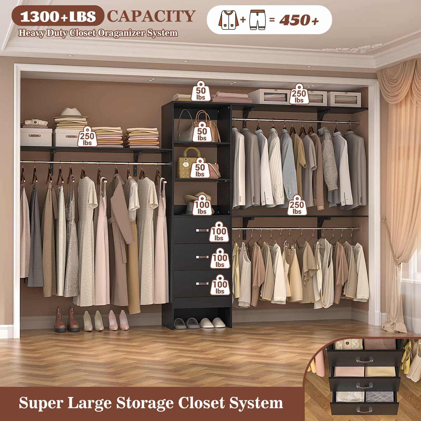 120'' W Closet System with Drawers, Closet Organizer with 3 Shelving Towers