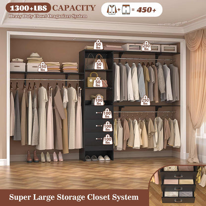 120'' W Closet System with Drawers, Closet Organizer with 3 Shelving Towers