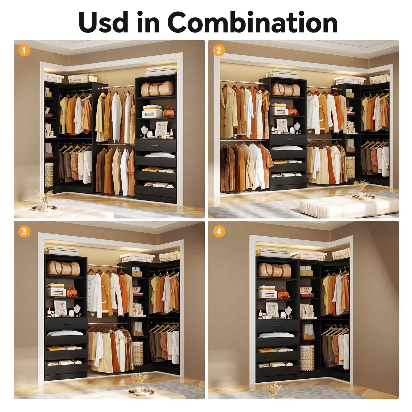 58"-152" Freestanding Closet System, Wardrobe Organizer with Drawers & Shelves, Corner Storage Unit for Bedroom/Living Room