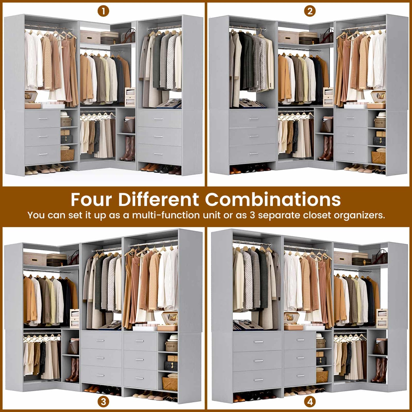 Closet System with 6 Drawers, 4 Hanging Rods & Corner Tower