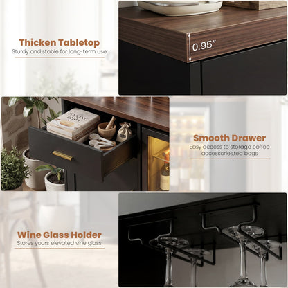 Coffee Bar Cabinet with Mini Fridge Space, Power Outlet, Drawer Storage and Wine Glass Holder - Versatile Liquor Wine Cabinet