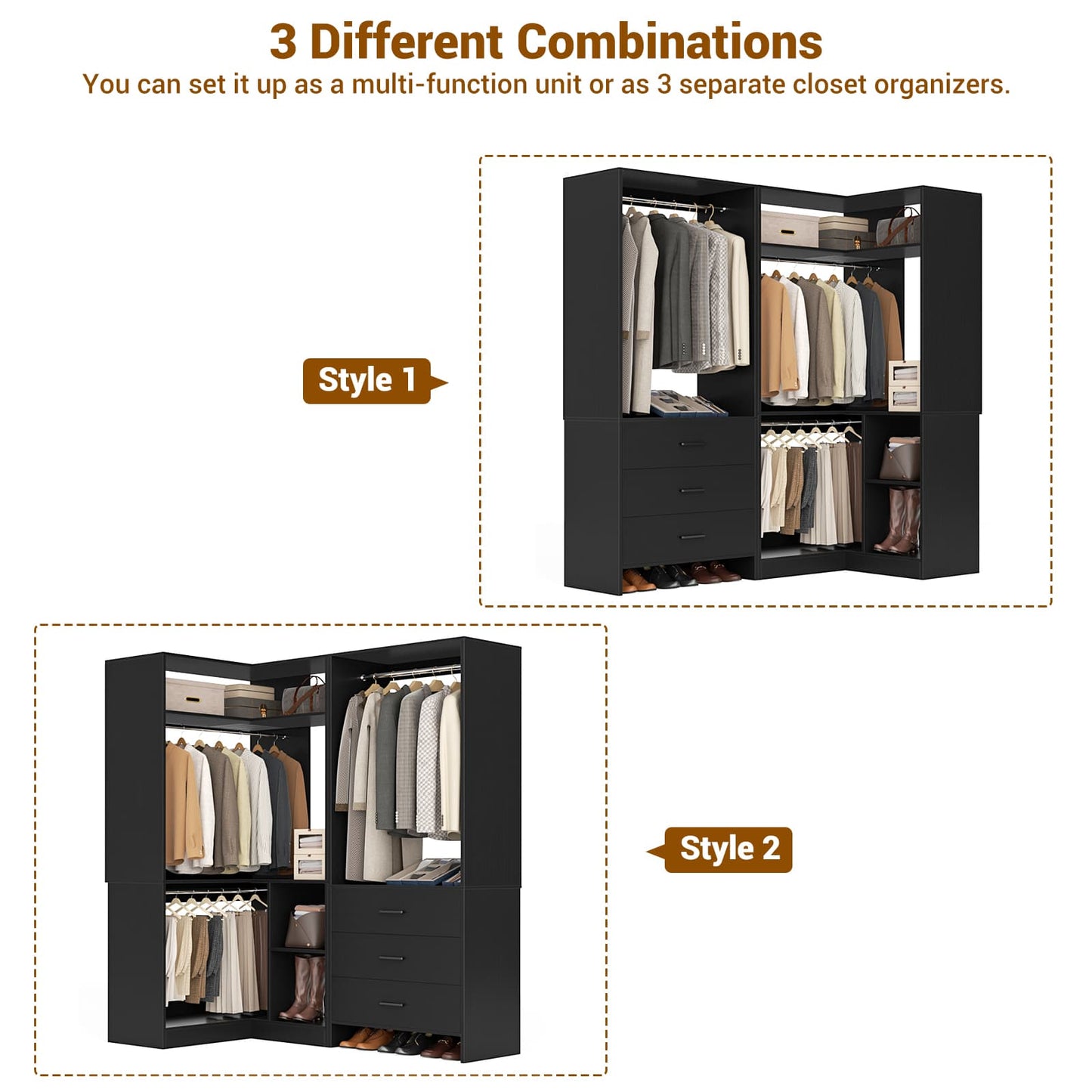Closet System with 3 Drawers, 2 Hanging Rods & Corner Tower