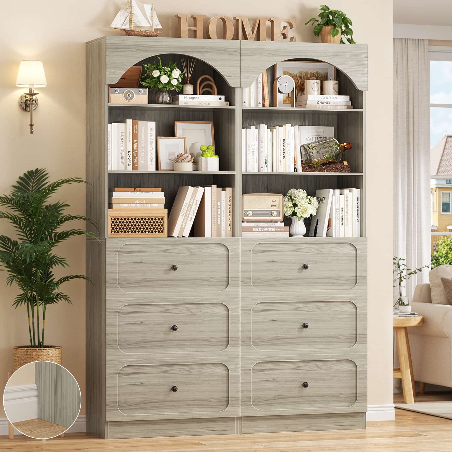 80" Arched Wooden Bookcase Set of 2: 6-Tier Open Shelves & 6 Drawers, Storage Organizer Cabinet