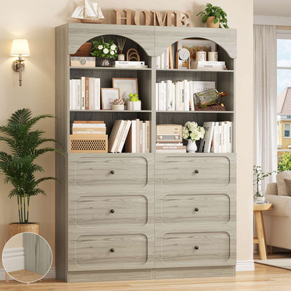 80" Arched Wooden Bookcase Set of 2: 6-Tier Open Shelves & 6 Drawers, Storage Organizer Cabinet
