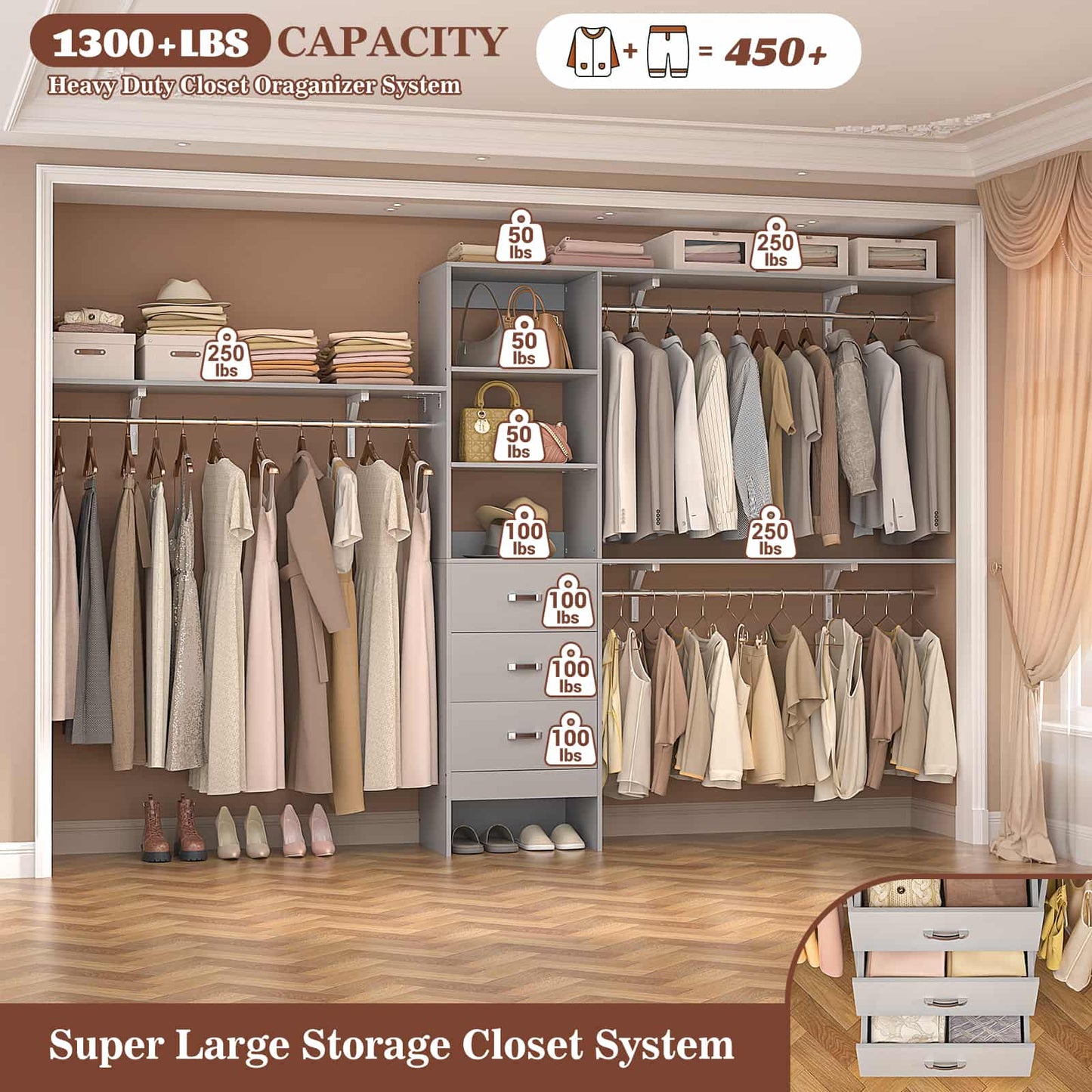 120'' W Closet System with Drawers, Closet Organizer with 3 Shelving Towers