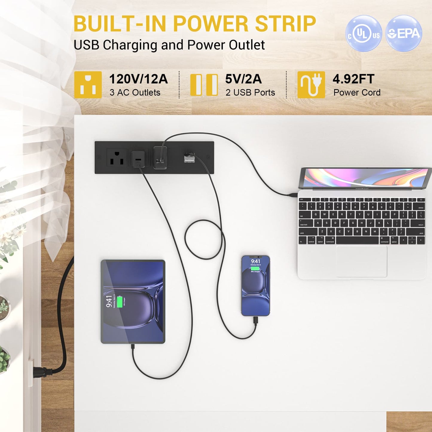 L Shaped Desk with Power Outlet, LED Strip, Storage Shelf