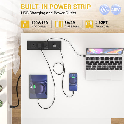 L Shaped Desk with Power Outlet, LED Strip, Storage Shelf