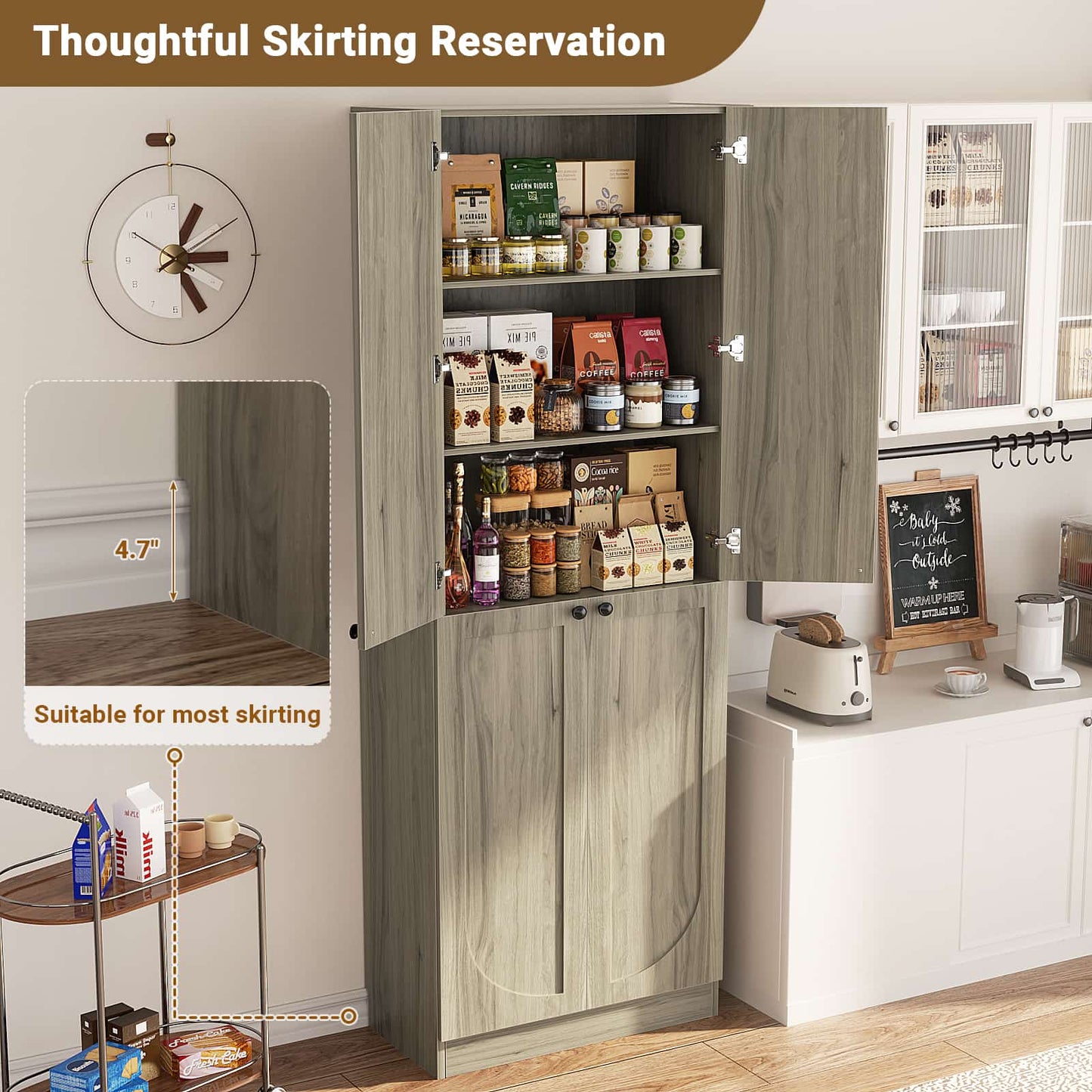80" Kitchen Pantry, Extra Tall Arch Storage Cabinet with 4 Doors and Adjustable Shelves