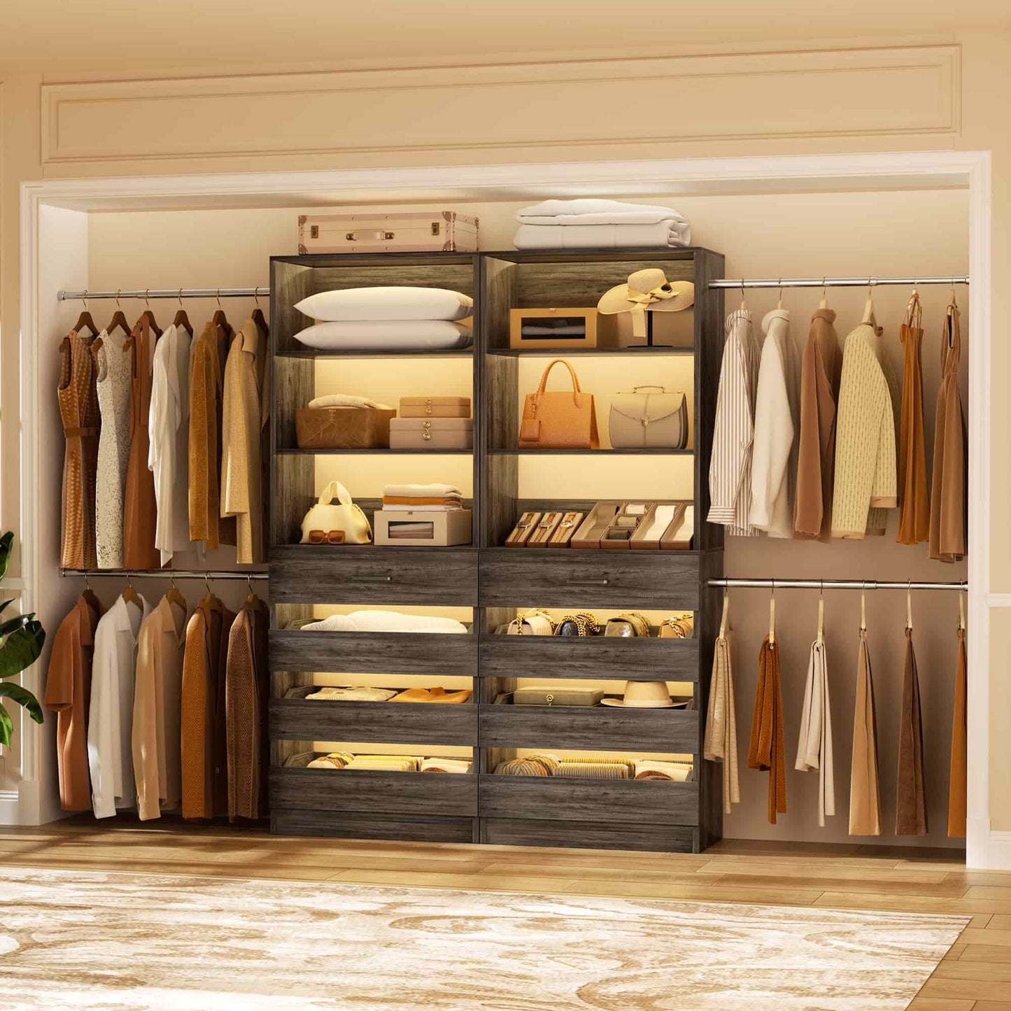 2-Pack Closet Organizer System: Dual 4-9Ft Adjustable Wardrobe Racks with 8 Wooden Drawers, Double Tower Storage, 8 Hanging Rods & Garment Racks ﻿