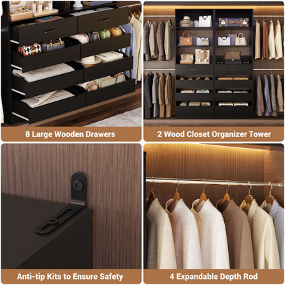 Adjustable Closet Organizer System (6-15Ft) with 8 Wooden Drawers & Modular Tower