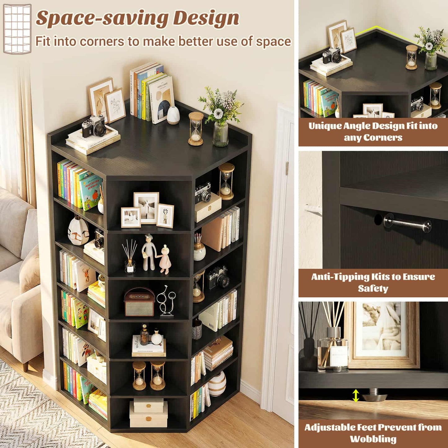7-Tier Corner Cube Book Shelf - Wooden L-Shaped Storage Cabinet with Top Table for Small Spaces, Home Office, Bedroom, Living Room