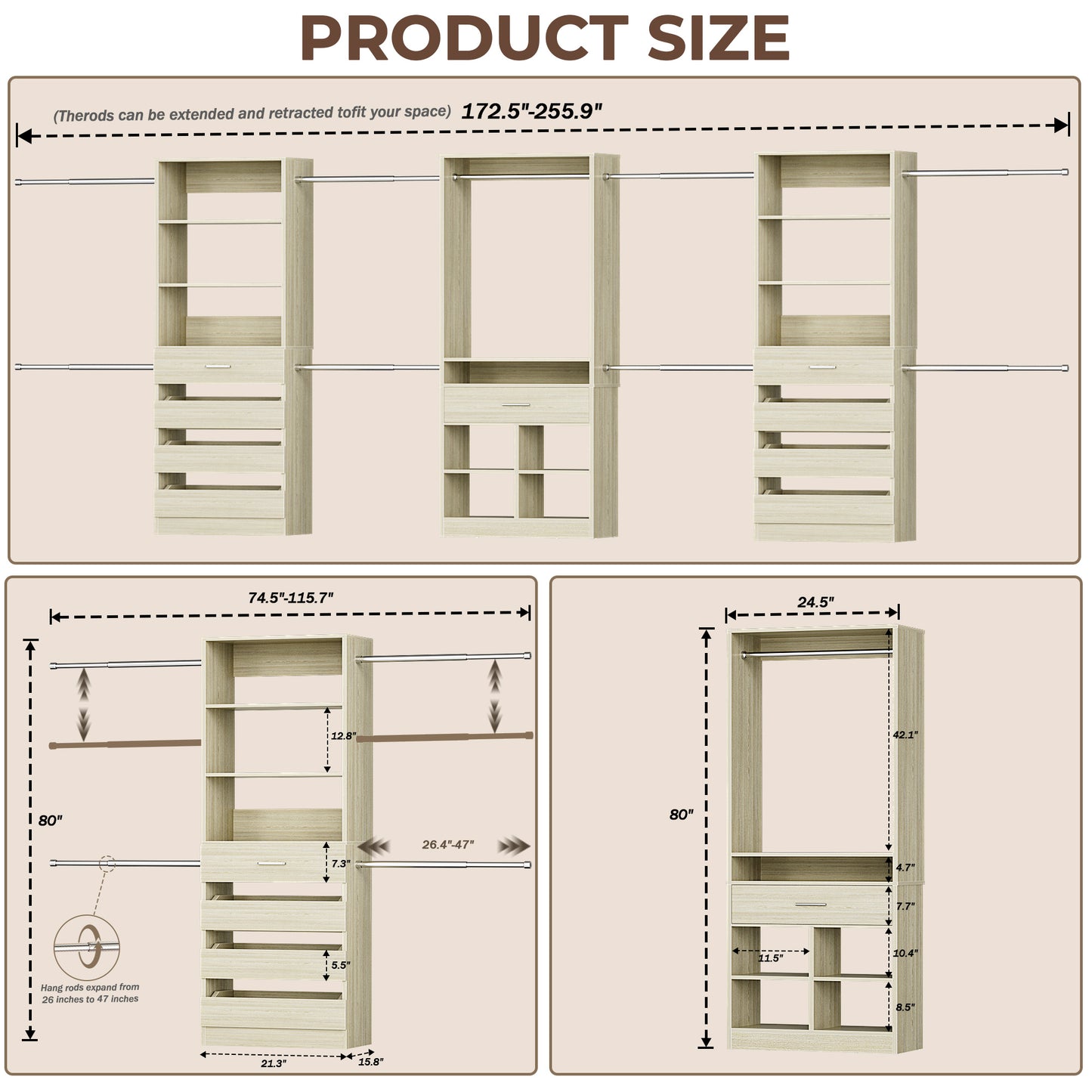 3 sets Wardrobe Closet - Two Adjustable Wooden Closet Systems with 8 Drawers & 8 Hanging Rods and One Freestanding Tower with 4 Cubby Storage