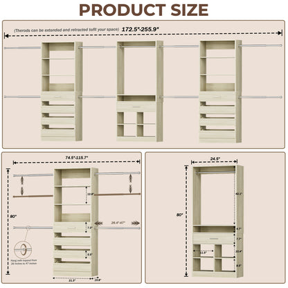 3 sets Wardrobe Closet - Two Adjustable Wooden Closet Systems with 8 Drawers & 8 Hanging Rods and One Freestanding Tower with 4 Cubby Storage