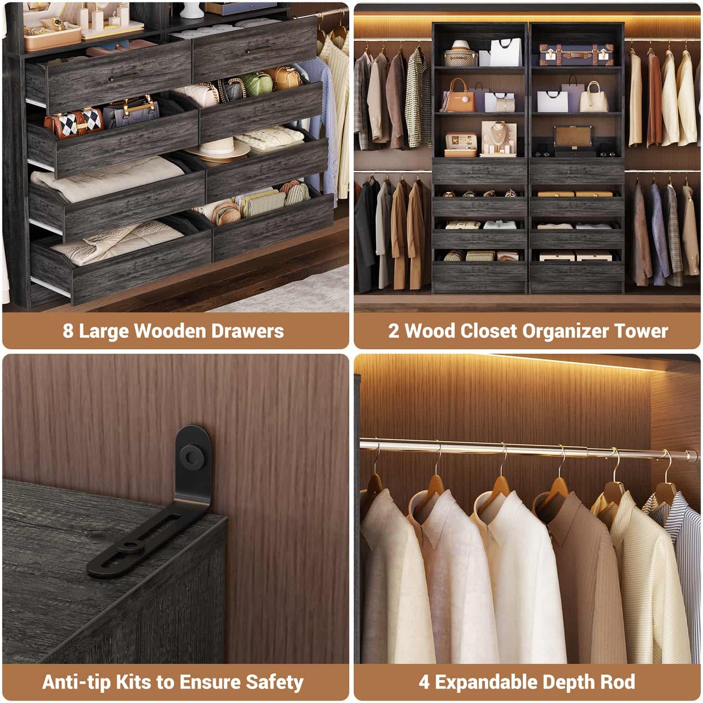 Adjustable Closet Organizer System (6-15Ft) with 8 Wooden Drawers & Modular Tower