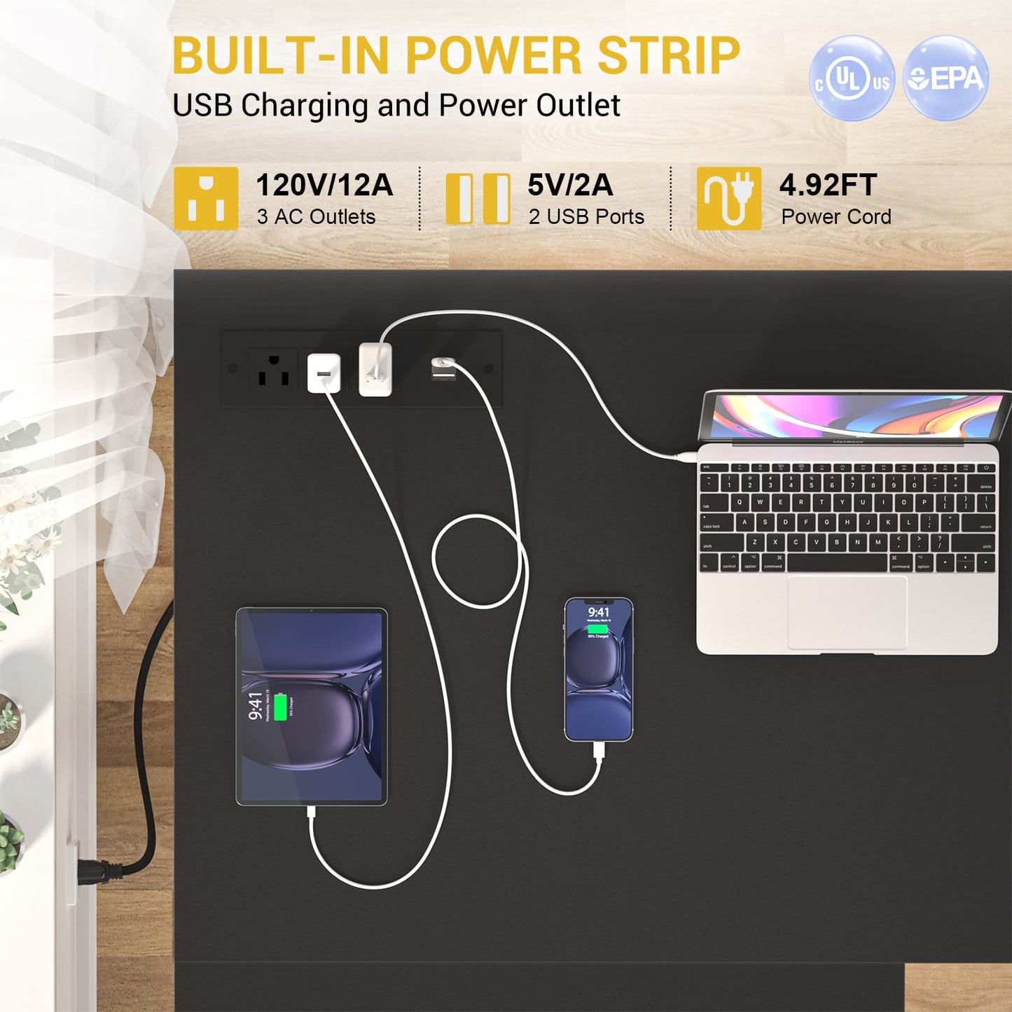 L Shaped Desk with Power Outlet, LED Strip, Storage Shelf