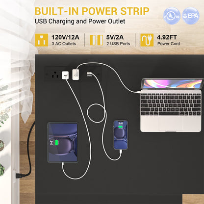 L Shaped Desk with Power Outlet, LED Strip, Storage Shelf