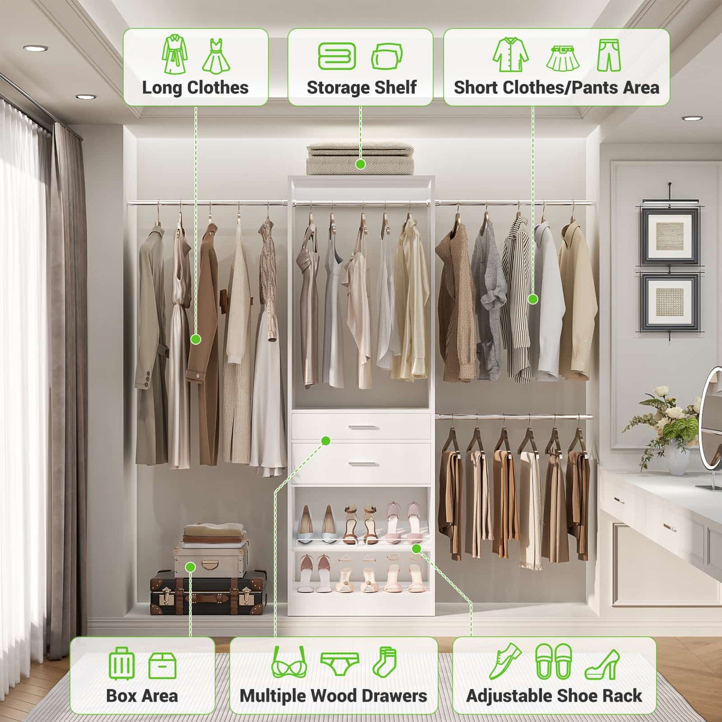 Closet System with Wooden Drawers, Adjustable Angled Shoe Rack