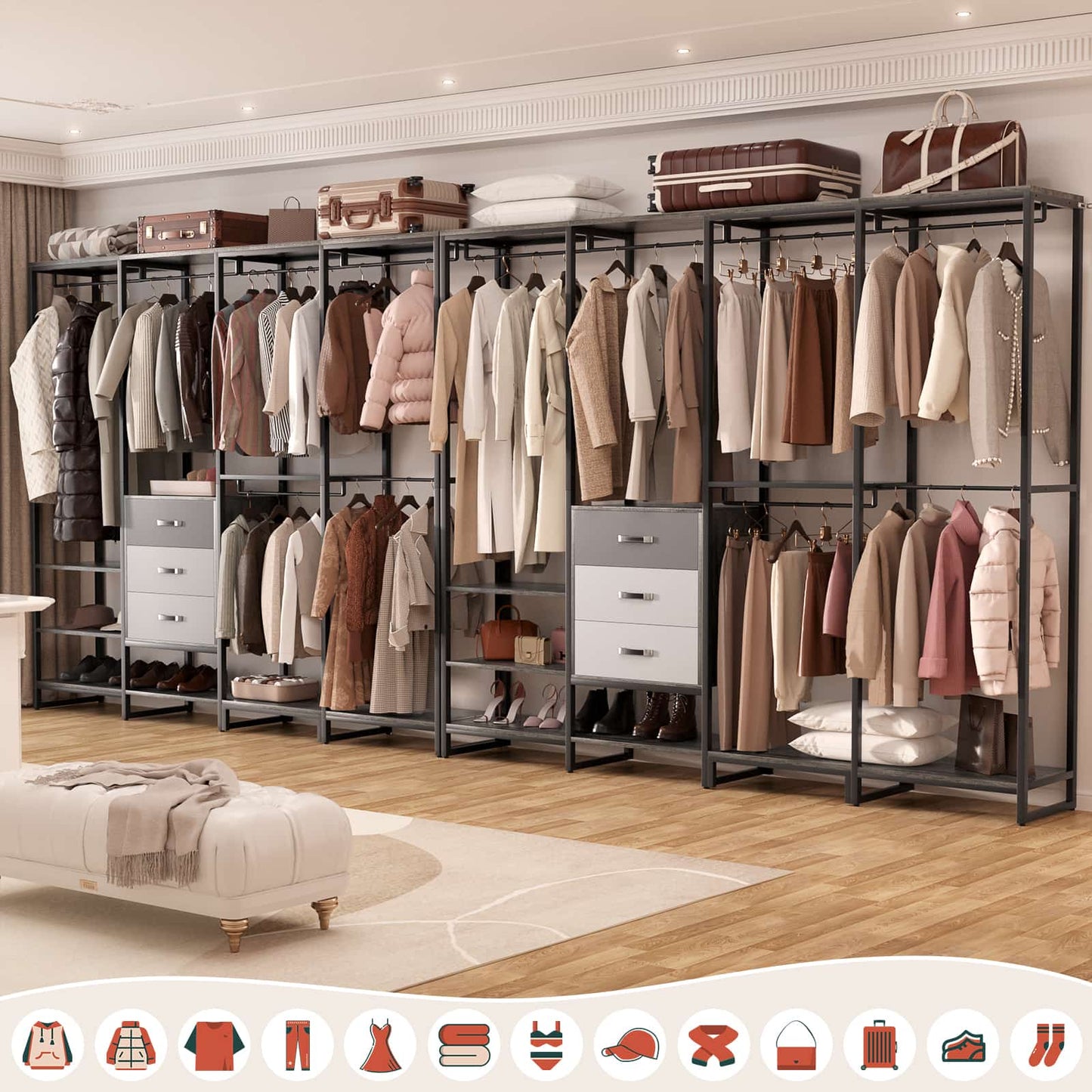 Closet System Organizer Walk-in Closet for Bedroom with 3 Wood Drawers