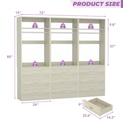 Freestanding Closet System Set - 3-Pack with 3 Wood Drawers Each,With Hanging Rod & Shelves, 24"L x 15"W x 80"H
