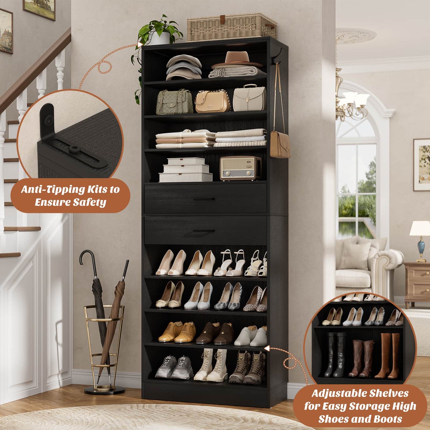10-Tier Shoe Cabinet with 2 Drawers, 65cm Width Freestanding Closet Organizer