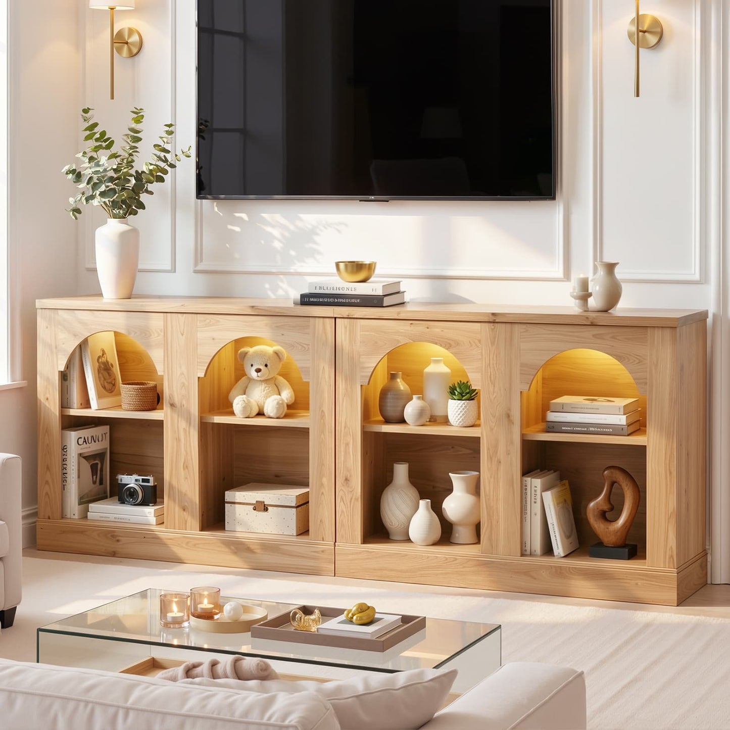 94" Natural Oak Arched Console Table with LED Lights & Adjustable Shelves - Farmhouse Sofa Table, Sideboard Buffet