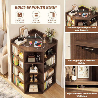 5-Tier Corner Cabinet with Power Outlets & 12 Storage Cubes - Wooden L-Shaped Bookshelf, Toy Organizer