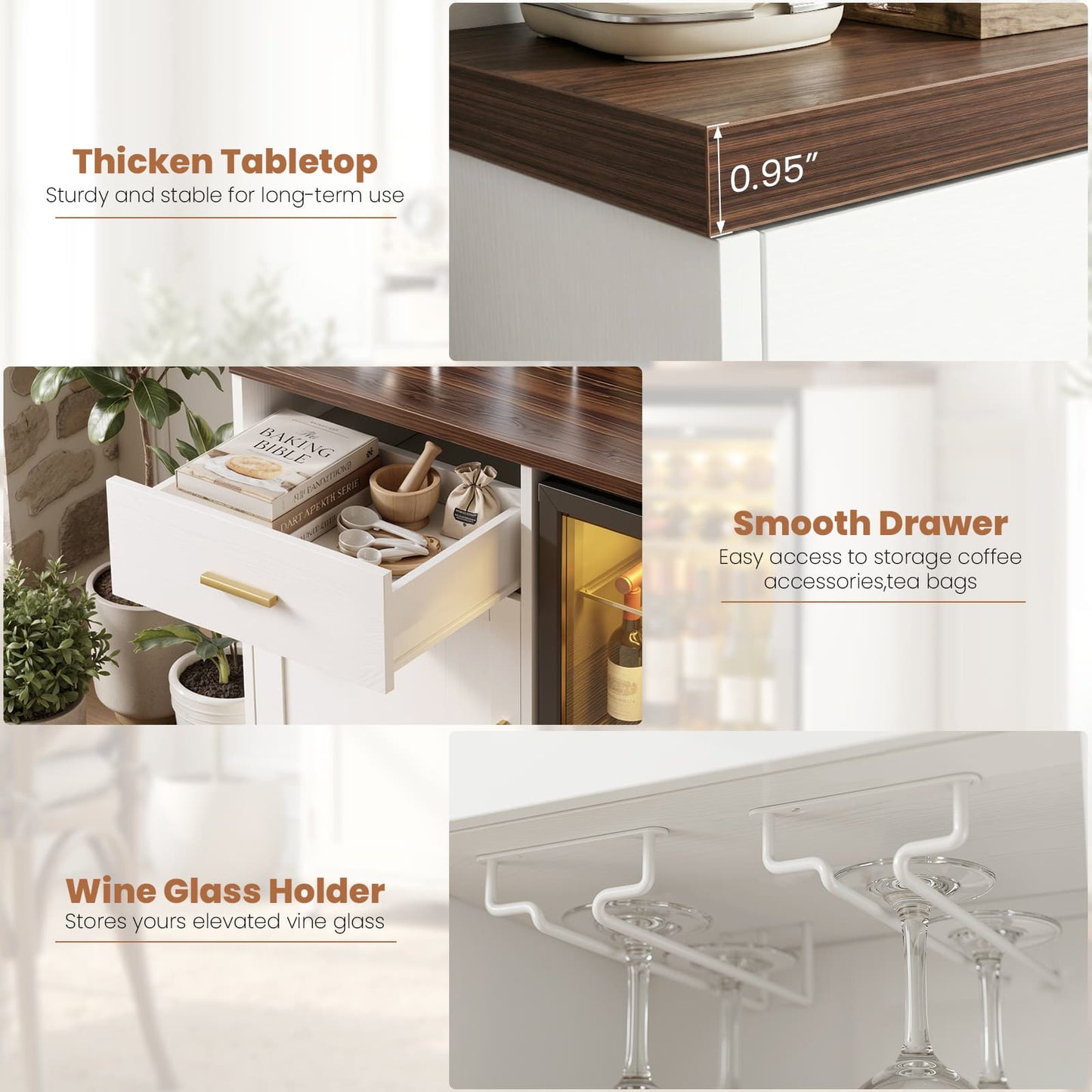 Coffee Bar Cabinet with Mini Fridge Space, Power Outlet, Drawer Storage and Wine Glass Holder - Versatile Liquor Wine Cabinet