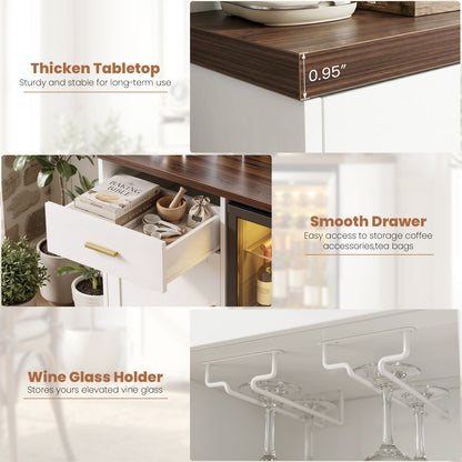 Coffee Bar Cabinet with Mini Fridge Space, Power Outlet, Drawer Storage and Wine Glass Holder - Versatile Liquor Wine Cabinet