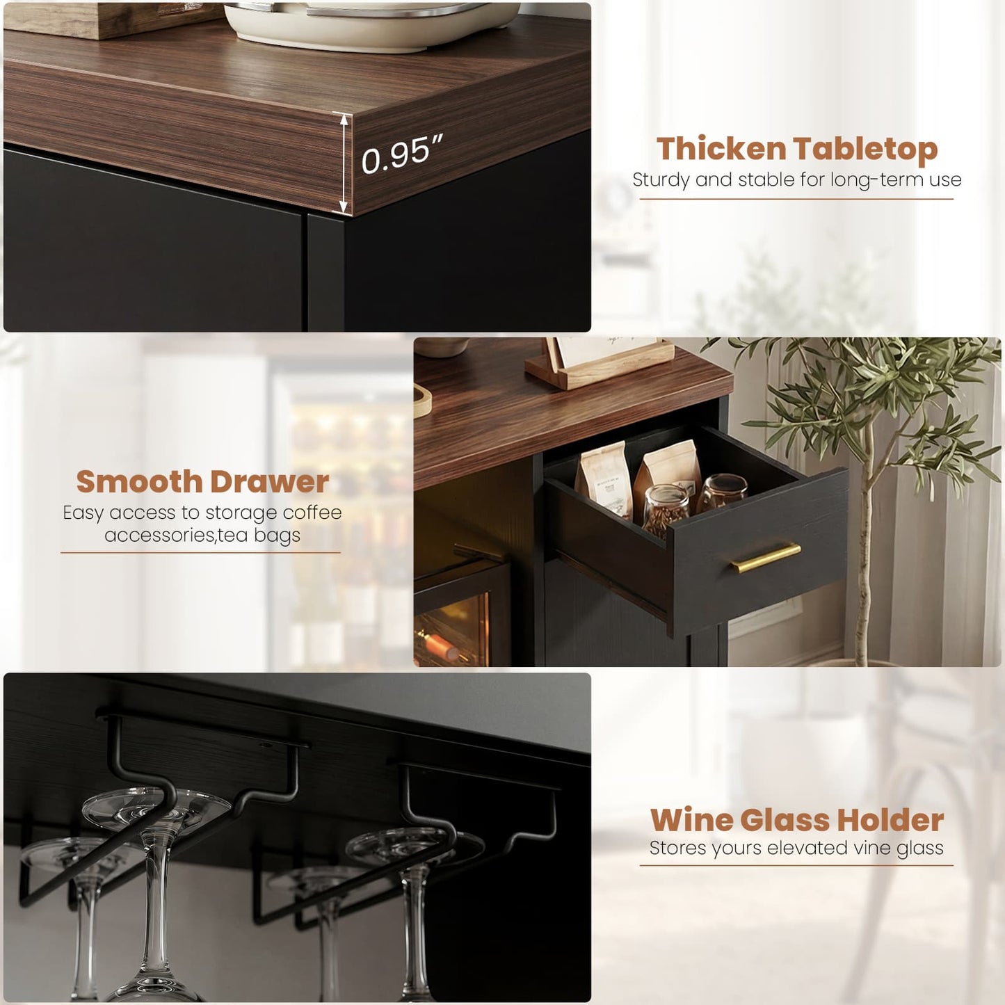 All-in-One Coffee Bar Cabinet with Mini Fridge Space & Power Outlet - Buffet Sideboard for Kitchen & Dining Room