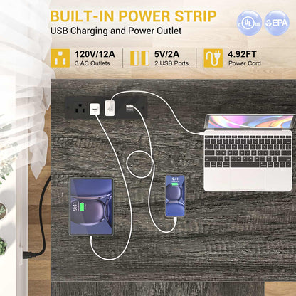 L Shaped Desk with Power Outlet, LED Strip, Storage Shelf