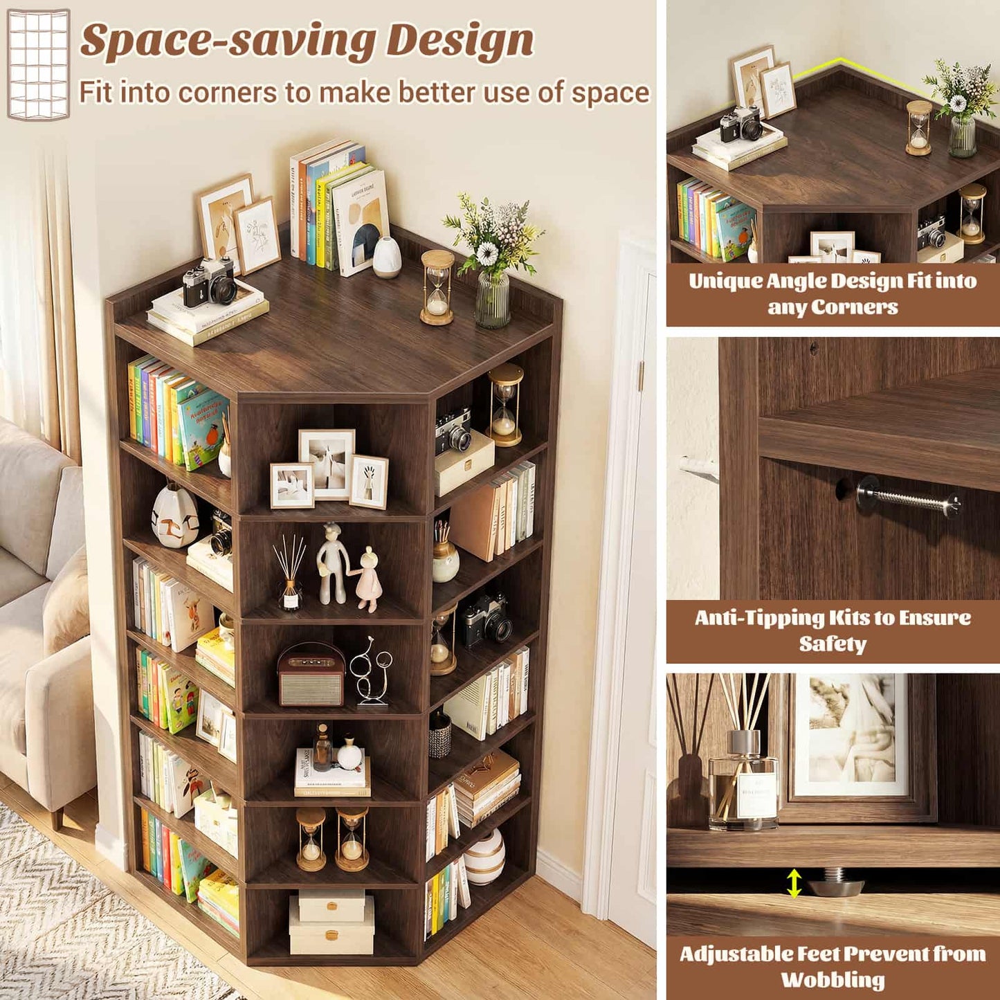 7-Tier Corner Cube Book Shelf - Wooden L-Shaped Storage Cabinet with Top Table for Small Spaces, Home Office, Bedroom, Living Room