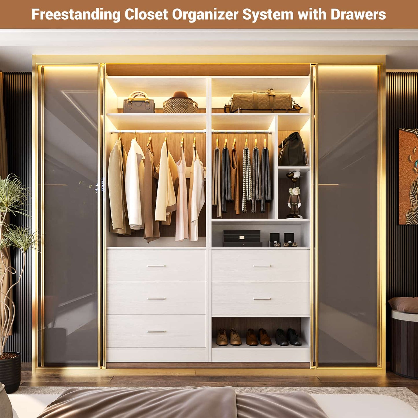 63.2" L X 39.2" W X 80" H Corner Closet System,Freestanding Closet Organizer System With 2 Drawers & 12 Shelves