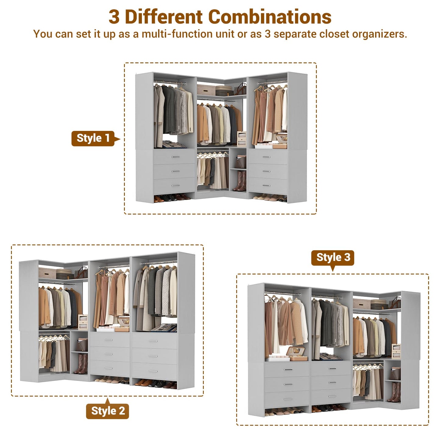 81'' Closet System with 6 Drawers, 4 Hanging Rods & Corner Tower