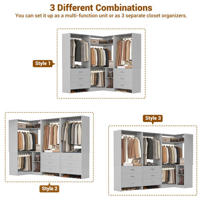 81'' Closet System with 6 Drawers, 4 Hanging Rods & Corner Tower