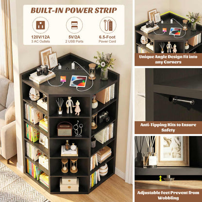 6-Tier Corner Cabinet with Power Outlets & 15 Cubes - Wooden L-Shaped Bookshelf, Toy Storage for Home Office, Bedroom, Living Room