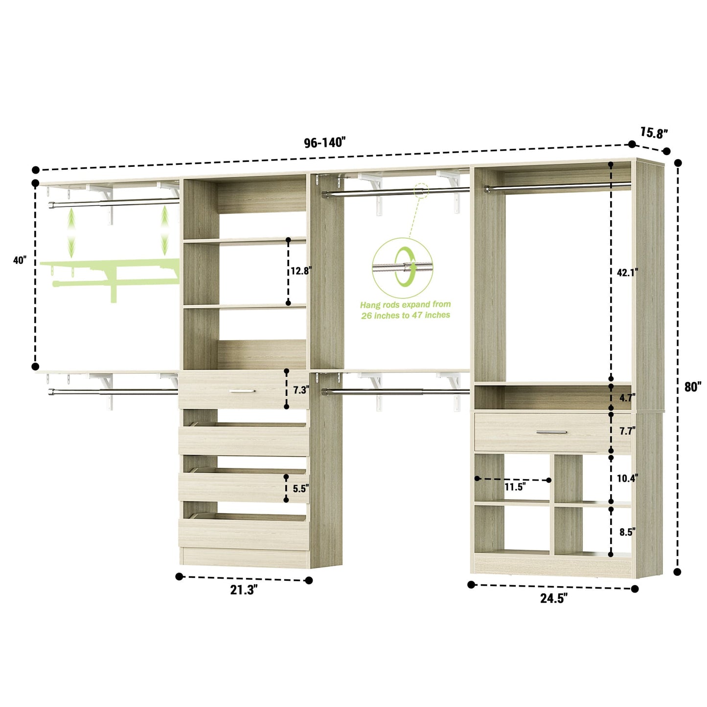 Walk-in Closet Organizer System set with 5 Wooden Drawers and 4 Hanging Rods, 4 Cubby Storage & Shelves, Space-Saving Tower Wardrobe