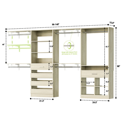 Walk-in Closet Organizer System set with 5 Wooden Drawers and 4 Hanging Rods, 4 Cubby Storage & Shelves, Space-Saving Tower Wardrobe