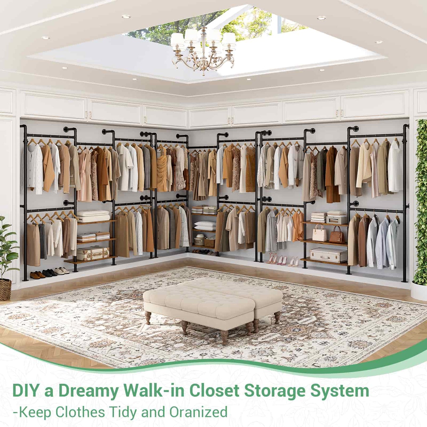 84"-128" Adjustable Metal Pipe Clothing Rack Wall-Mounted,Industrial Garment Rack with 3-Tier Wooden Shelves,Heavy-Duty 1000LBS Capacity