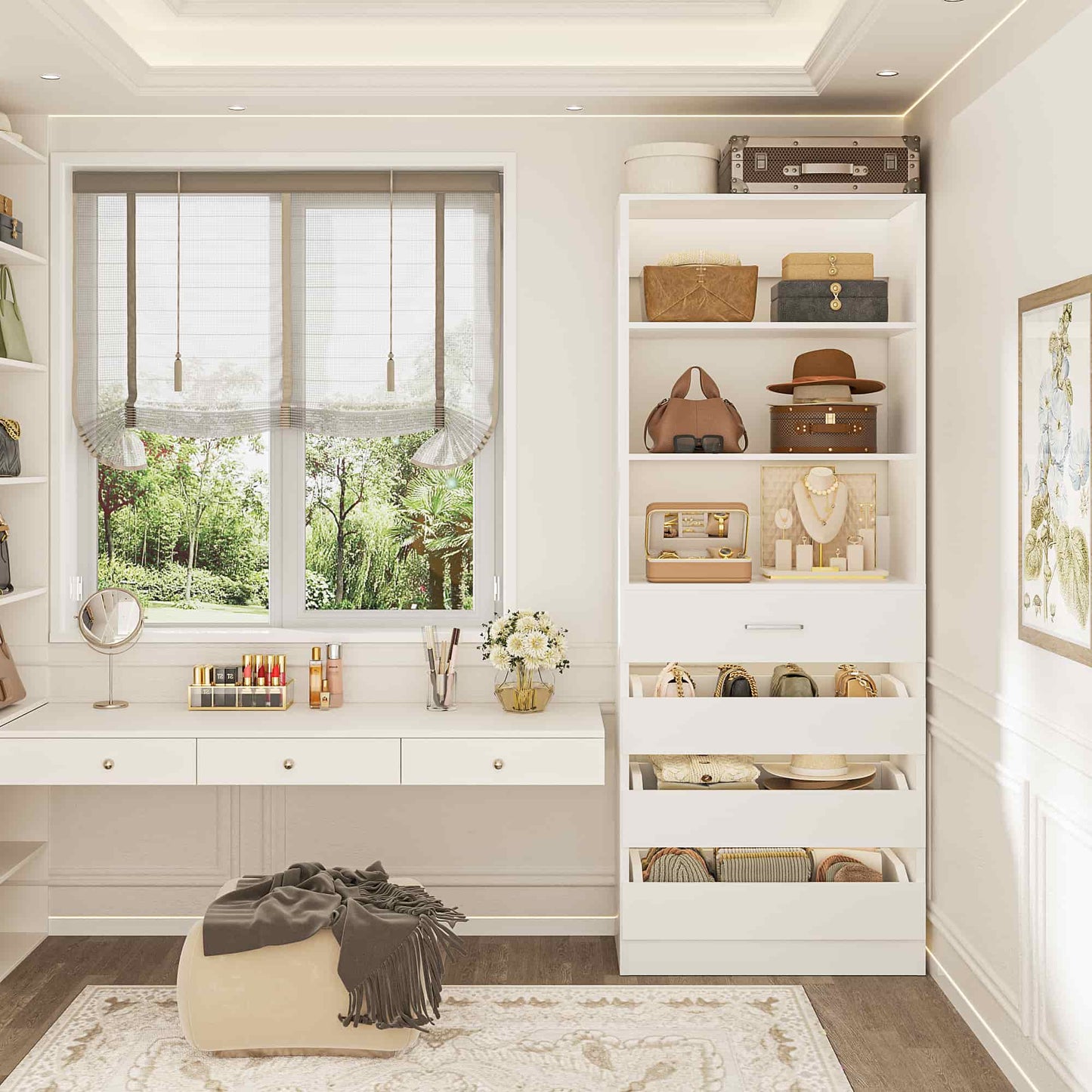 Space-Saving Modular Closet Organizer System with 4 Drawers & Adjustable Shelves - Wood Storage Cabinet