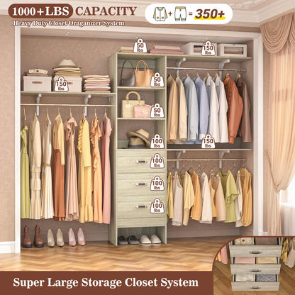 96‘’ W Closet System, Walk In Closet Organizer with 3 Shelving Towers