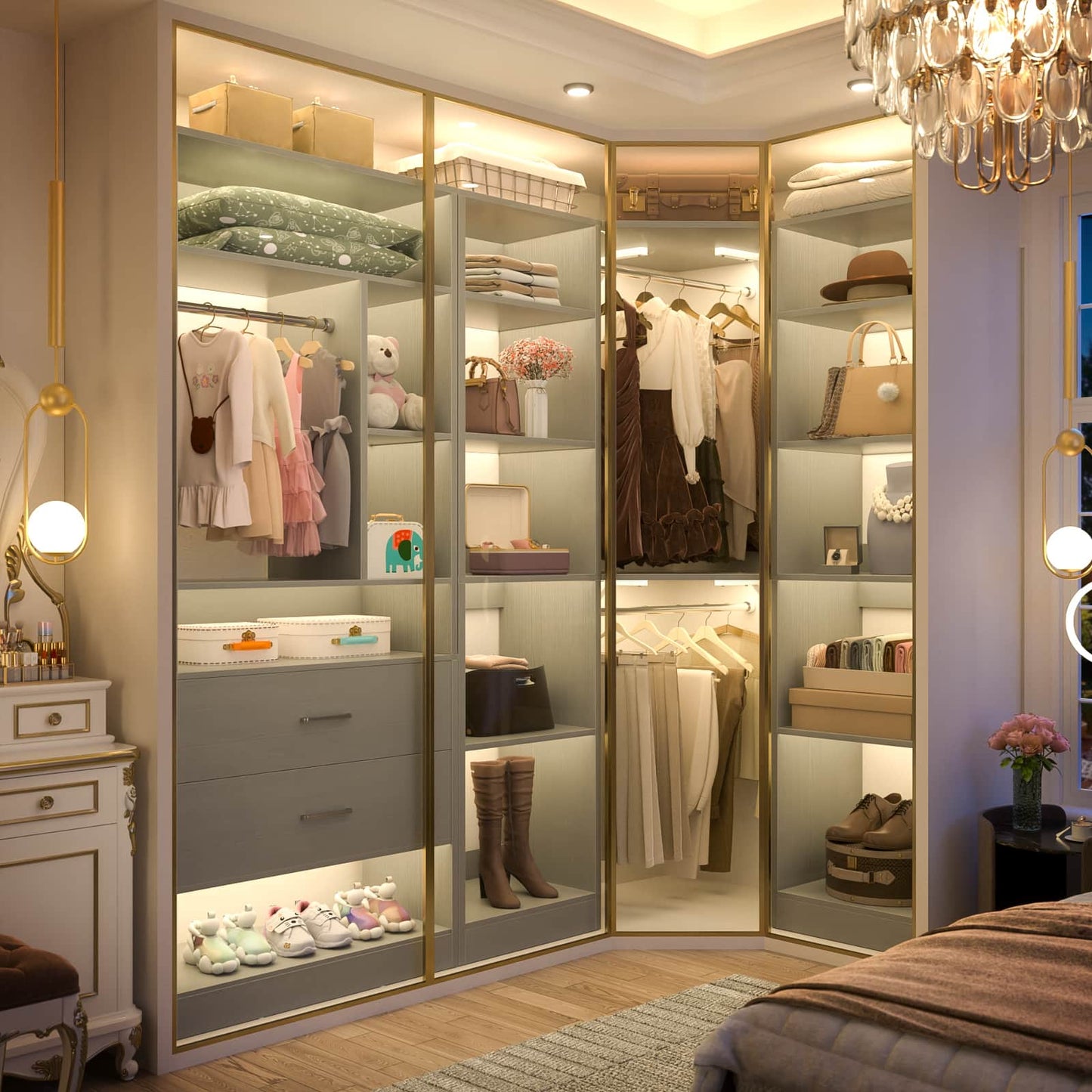 Closet System Closet Organizer, Wood Closet Organizer System,Walk-in Closet or Small Closets Wardrobe, Clothes Rack with Hanging Rods
