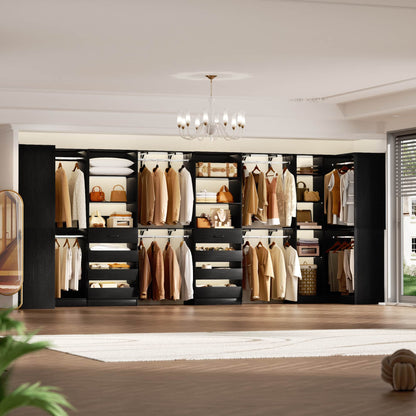 96"-128" 2-Piece Freestanding Closet System, Corner Wardrobe Organizer with Drawers & Shelves for Bedroom/Living Room