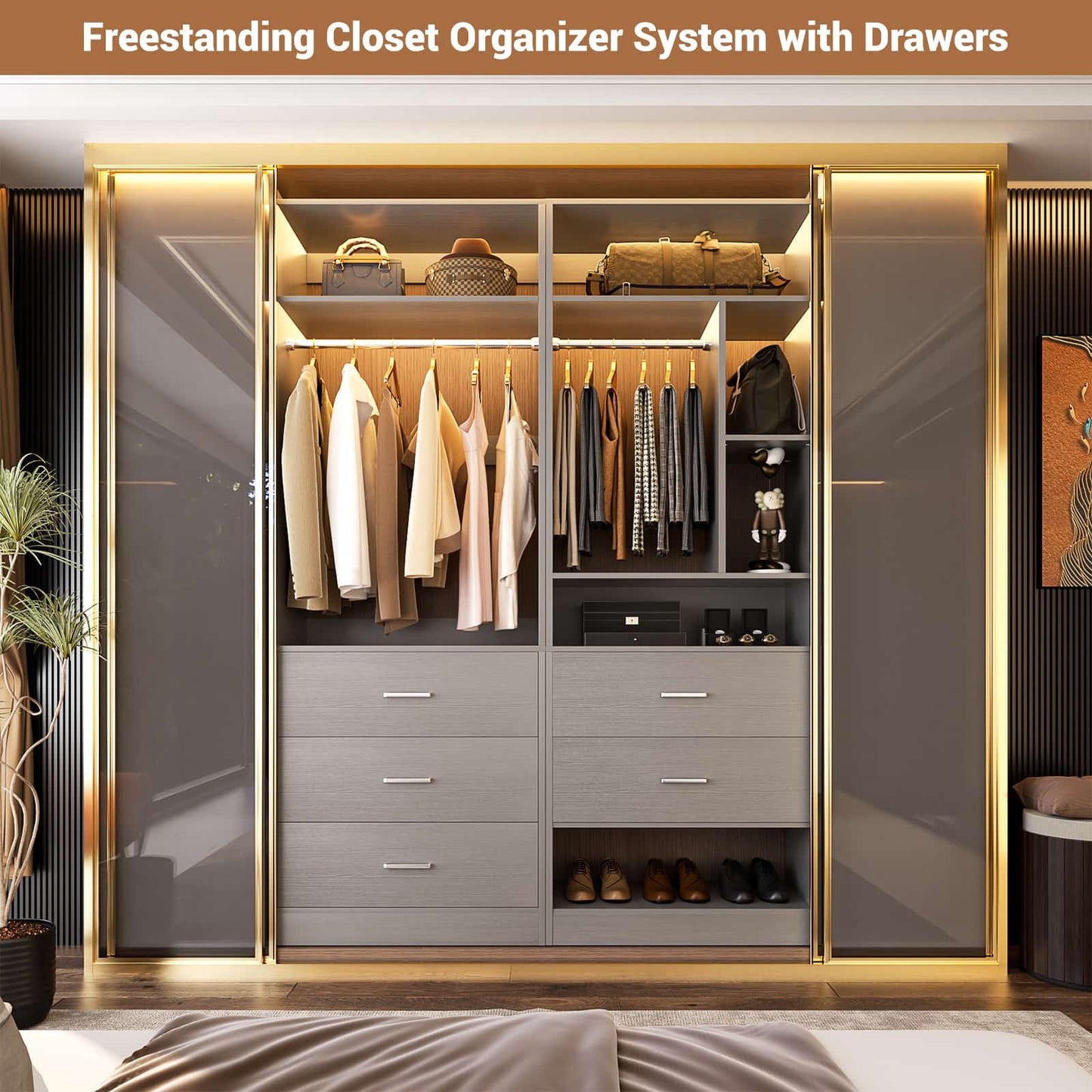 63.2" L X 39.2" W X 80" H Corner Closet System,Freestanding Closet Organizer System With 2 Drawers & 12 Shelves