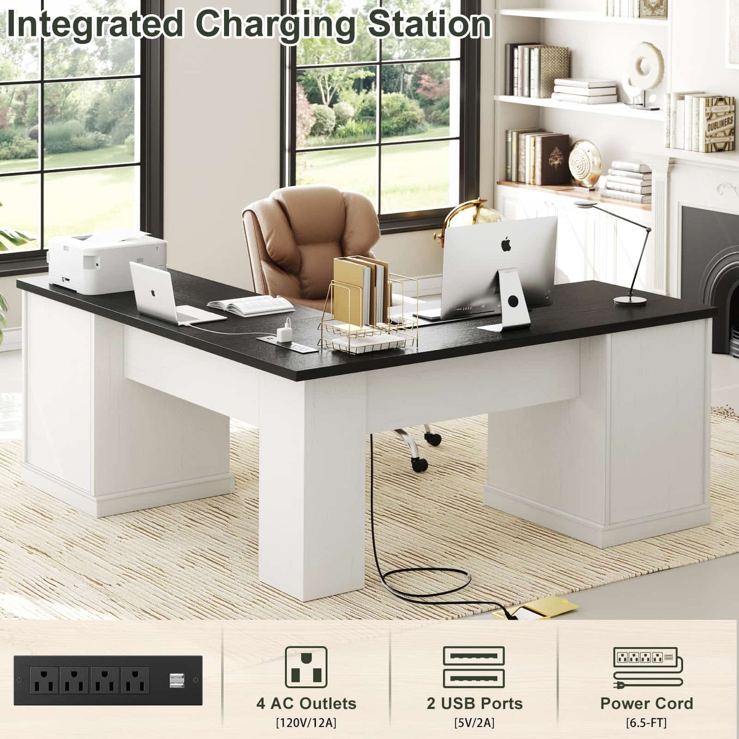 L Shaped Executive Desk with File Drawers, 60" Corner Computer Desk with Power Outlets